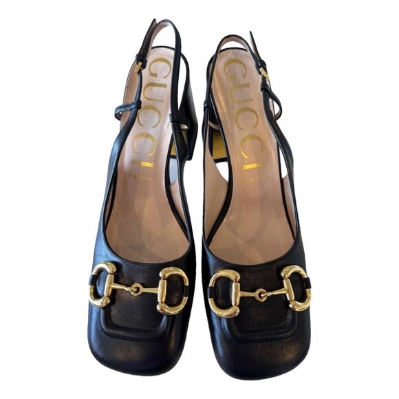 GUCCI Baby Horsebit Slingback Leather Pump Black Gold EU 40.5 US 10.5 Authentic - Picture 1 of 11